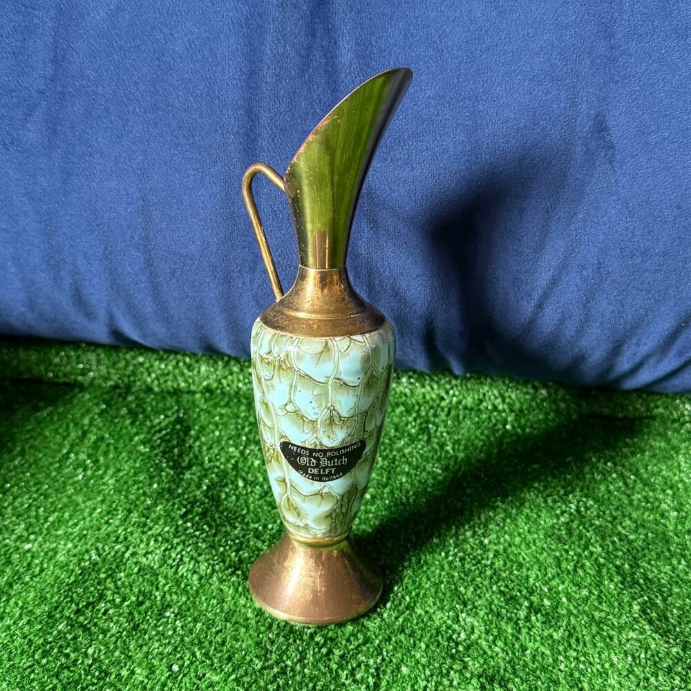 Vintage Old Dutch Delftware Teal Hand Painted Pot Brass Accent Decorative Piece